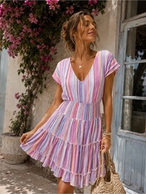 Pastel Stripe Smocked Small Mini Dress Open Back Boho Coastal Cottagecore